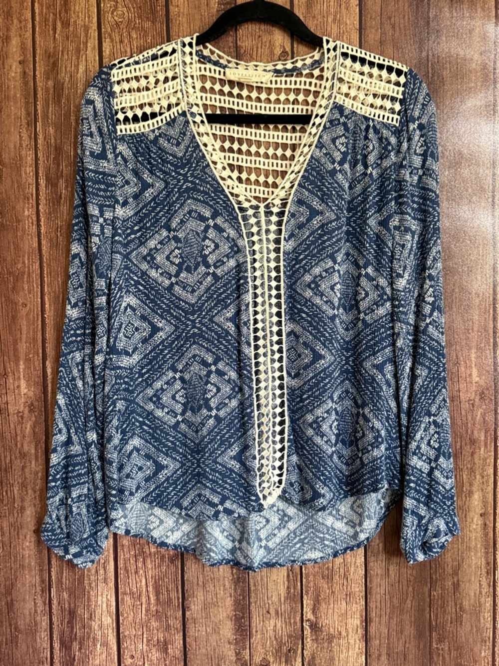 Lovestitch Navy Patterned V-Neck Top with Cream Crochet Trim